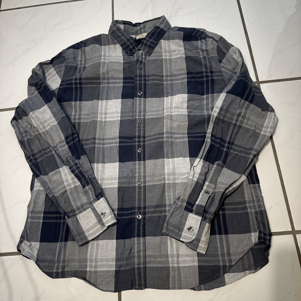 J.Crew Shirt Mens Long Sleeve Button Up 2-Ply 100% Cotton Plaid Gray XL 17-17.5